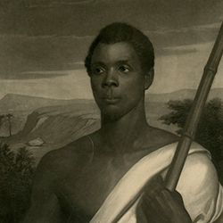 A blacka nd white painting of a man wearing a one-shoulder robe and holding a bamboo stick