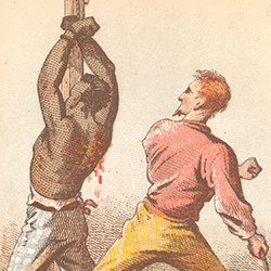 A caucasian man lashing a whip on an African man tied to a pole