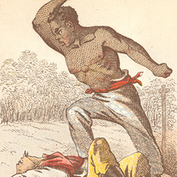 An African man raising a stick at a Caucasian man lying on the ground