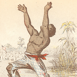 An African man raising his arms in joy and victory for freedom