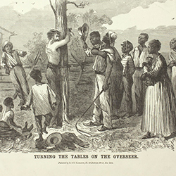A group of African people surrounding a Caucasian man tied to a tree