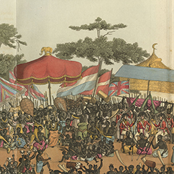 Colorfully dressed people with colorful tents gathered for a festival