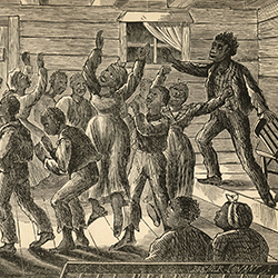 A black and white drawing of enslaved people dancing