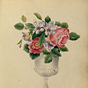 An open book with a drawing of flowers in a vase