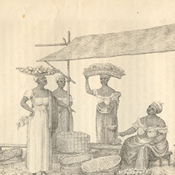Drawing of Black Brazilian women selling goods at a market