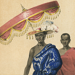 African king wearing a blue robe, with his servant holding a sunshade
