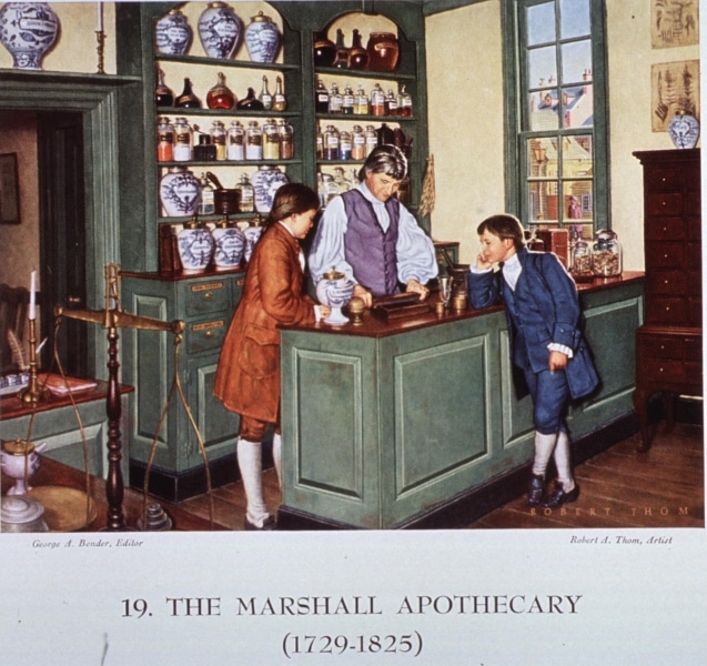 Print of the Marshall Apothecary showing a man and two boys at a counter