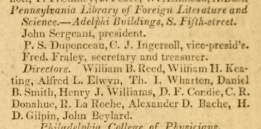 Photograph of page in 1833 Philadelphia directory showing listing for the Library of Foreign Literature and names of directors