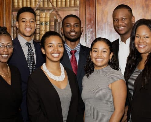 2017 Mellon Scholars. Back left to right: Andrew Aldridge, Nafeece Beeks, and Amos Tarley. Front left to right: Ashley Council, Camara Brown, Lucero Smith, and Abi Bernard