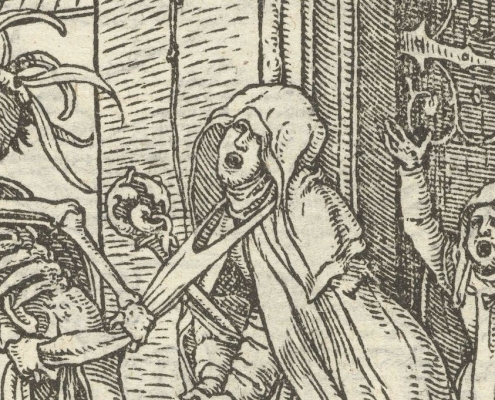 The Abbess, being dragged by Death from her nunnery looks far from ready to meet her maker, woodblock print from The Dance of Death by the German artist Hans Holbein (1497–1543).