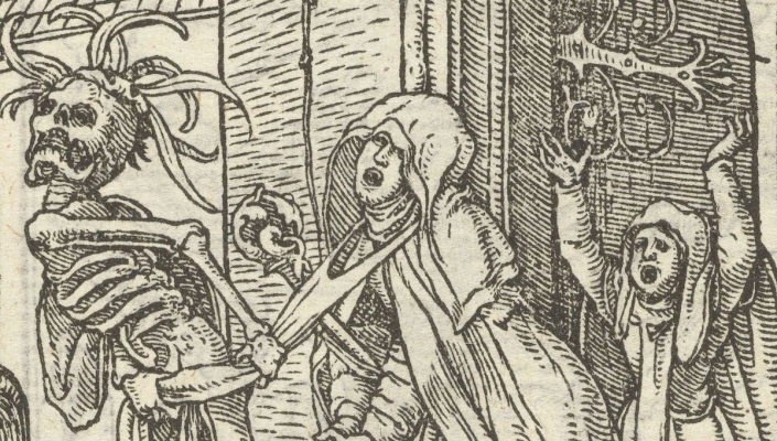 26651114977_6e241a1cf7_o The Abbess, being dragged by Death from her nunnery looks far from ready to meet her maker, woodblock print from The Dance of Death by the German artist Hans Holbein (1497–1543).