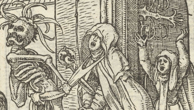 The Abbess, being dragged by Death from her nunnery looks far from ready to meet her maker, woodblock print from The Dance of Death by the German artist Hans Holbein (1497–1543).