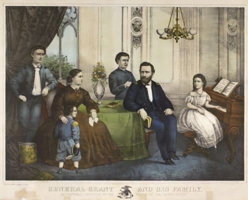 Augustus L. Weise. General Grant and His Family (Philadelphia: Joseph Hoover, 1866). Hand-colored lithograph. Purchased with funds from the Davida T. Deutsch Women’s History Fund.Currently on display at the entrance to the Reading Room is a small exhibition entitled “’And His Family’: Prints Depicting Famous Men at Home.”