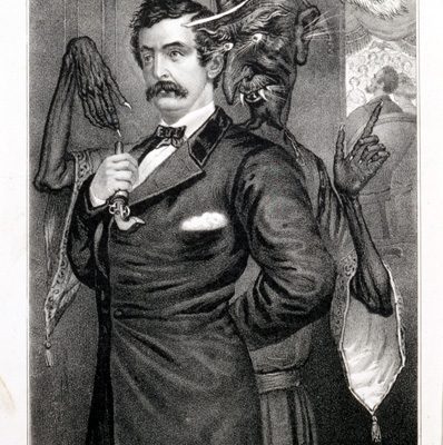 Satan stands behind John Wilkes Booth, pointing to seated Lincoln, and gesturing to the gun Booth clutches in his right hand.