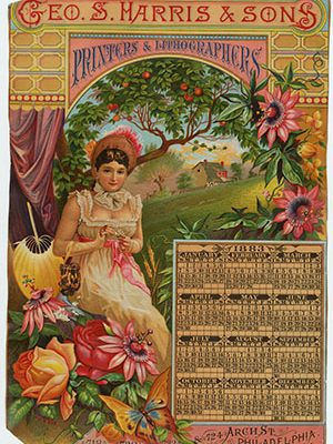 1883 color-printed calendar showing white woman in sleeveless dress and bonnet sitting in a garden.
