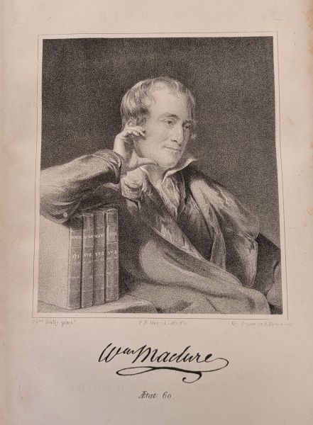 Illustration of William Maclure sitting with his elbow propped on a stack of books