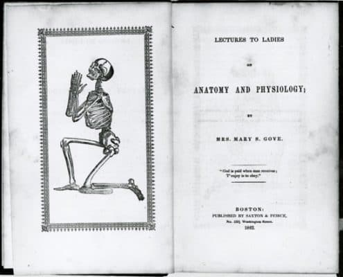Book open to title page with facing illustration of a kneeling, praying skeleton
