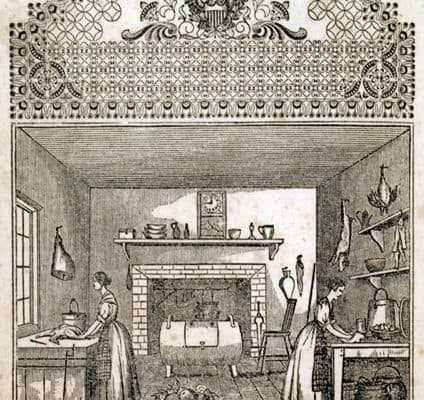 Book illustration of a domestic scene of two women working in a kitchen. Scene bordered by decorative patterns.