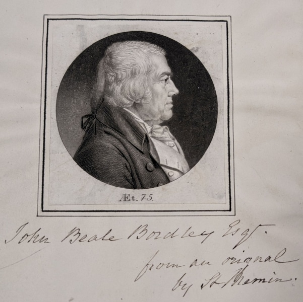 Photograph of side profile illustration of J.B. Bordley with handwritten note identifying him