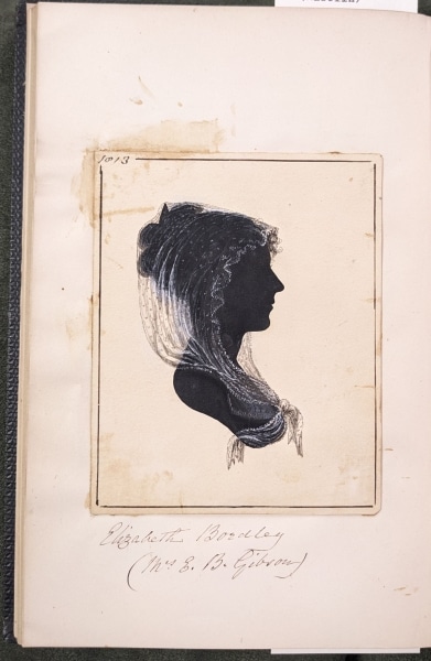 Photograph of silhouette of Elizabeth Bordley Gibson pasted inside 1865 biography