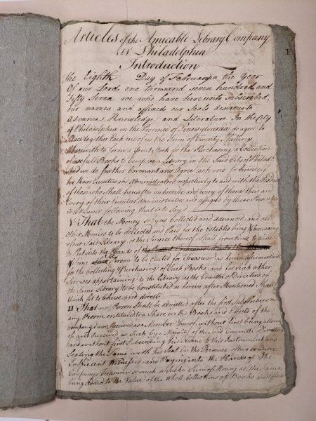 Photograph of the first page of the articles of the Amicable Library