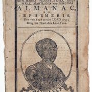 Benjamin Banneker, Banneker's New-Jersey, Pennsylvania, Delaware, Maryland and Virginia Almanac, or Ephemeris, for the Year of our Lord 1795 (Baltimore [Md.]: S. & J. Adams, [1794]). Almanac cover with woodcut portrait of Banneker.
