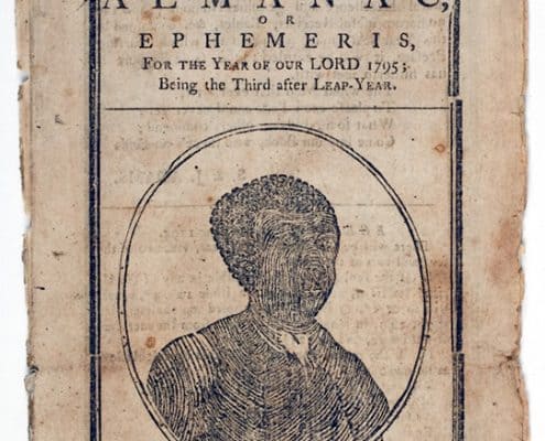 Late 18th-century Almanac cover illustrated with woodcut portrait of Black man Benjamin Banneker.