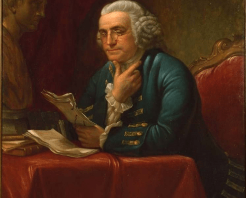 Lambdin, James Reid. Benjamin Franklin. (ca. 1880). Oil on canvas ; 50 x 40 inches ; Framed: 57 x 47 1/4 x (2 1/4+1 3/4)4 inches. https://digital.librarycompany.org/islandora/object/digitool%3A59324