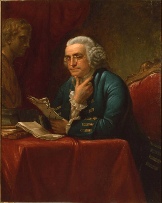 Benjamin Franklin- Lambdin, James Reid. Benjamin Franklin. (ca. 1880). Oil on canvas ; 50 x 40 inches ; Framed: 57 x 47 1/4 x (2 1/4+1 3/4)4 inches. http://digital.librarycompany.org/islandora/object/digitool%3A59324