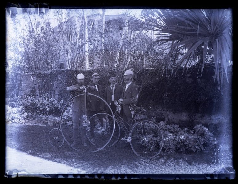 Bicycle group in Public Garden, St. George's. A. H. Bull, S. Harry Sargeant, E. Eugene Sargeant & Dr. Buddington. [Bermuda] [graphic].