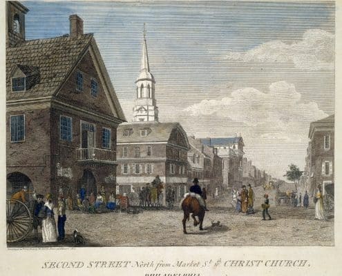 Detail of late 18th-century, hand-colored print of busy Philadelphia street scene with man on horseback and several pedestrians.