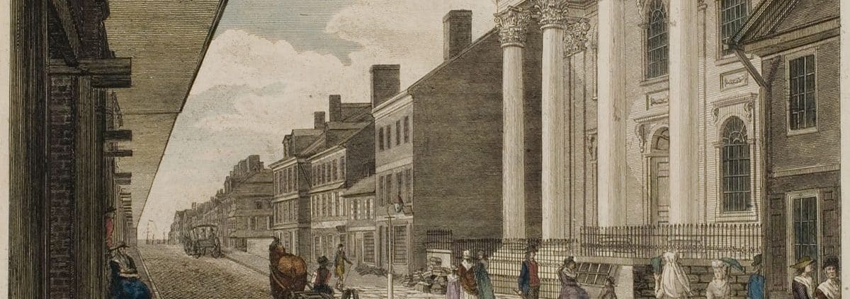 High Street, with the First Presbyterian Church. Philadelphia 1800 William Birch's "Views of Philadelphia" The Woman in White can be seen in the lower right corner