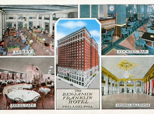 Collage of images of The Benjamin Franklin Hotel: exterior, lobby, cocktail bar, Coral Cafe, and Crystal Ballroom.