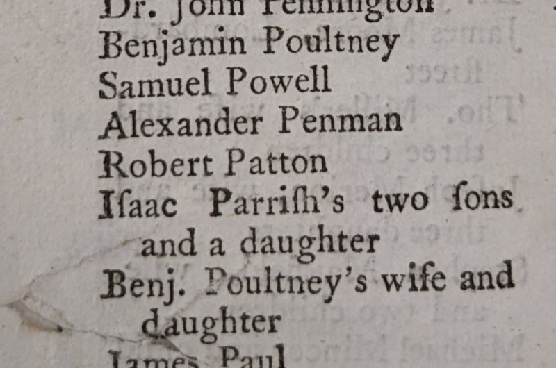 Photograph of detail from Mathew Carey's published list of deaths in the 1793 Yellow Fever epidemic