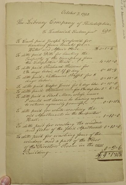 Photo of handwritten list of 1790 expenses from librarian