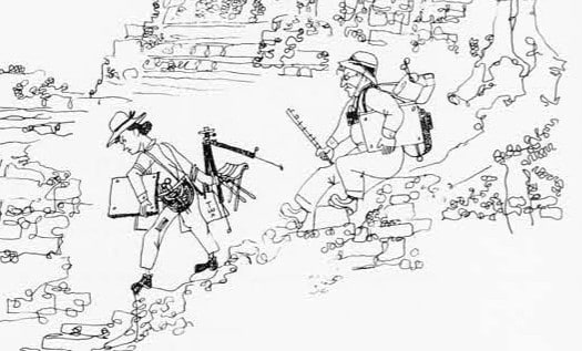 Photograph of detail from illustration of Betty and Alfred Bendiner carrying equipment down steps of temple