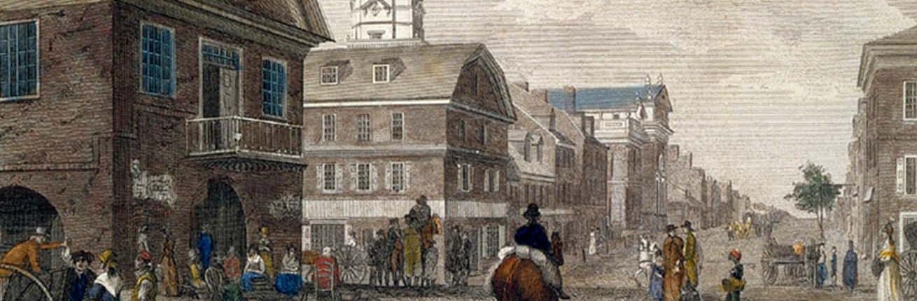 Detail of late 18th-century, hand-colored print of busy Philadelphia street scene with man on horseback and several pedestrians.
