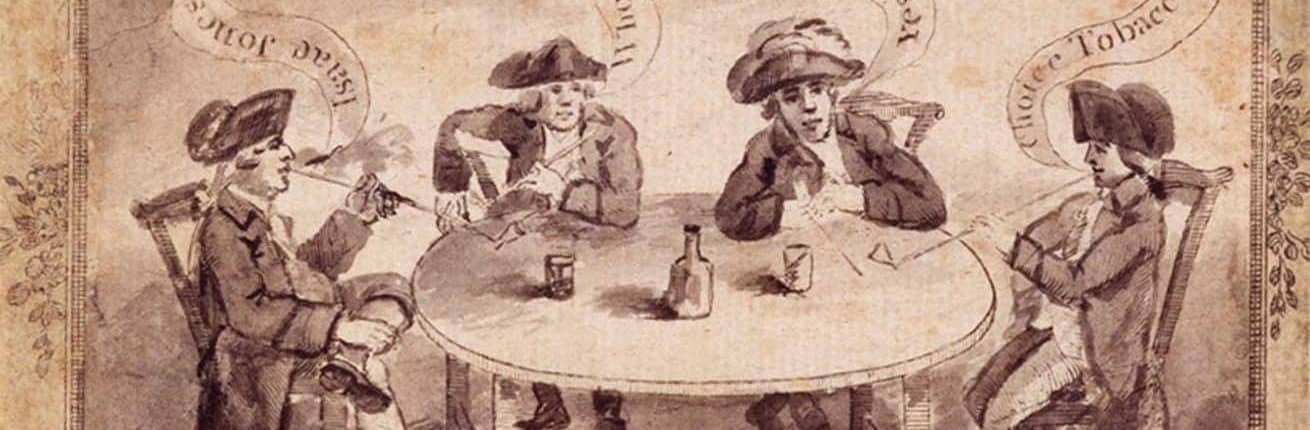 Four white men seated around a table smoking pipes. Speech bubbles extend from their mouths.