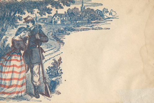 Civil War envelope depicting a soldier farewell scene, ca. 1863. Color wood engraving. From the McAllister Collection of Civil War envelopes.