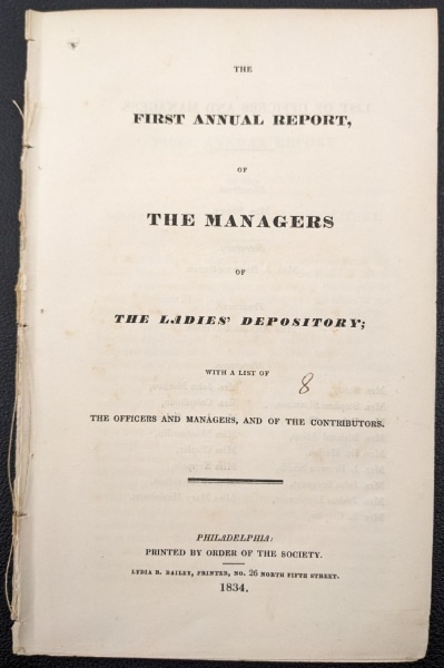 Photograph of the title page of the first annual report of the managers of the Ladies' Depository in 1834