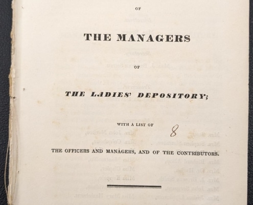 Photograph of the title page of the first annual report of the managers of the Ladies' Depository in 1834
