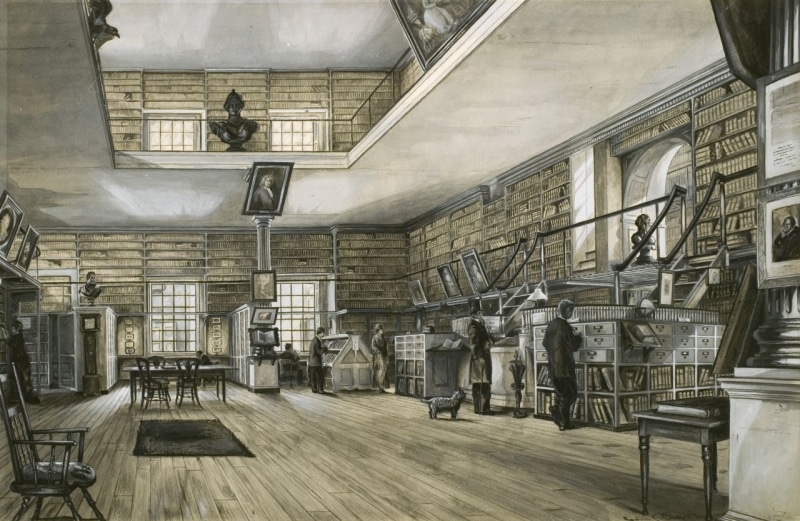 Watercolor of Library Company reading room at 5th and Library Street