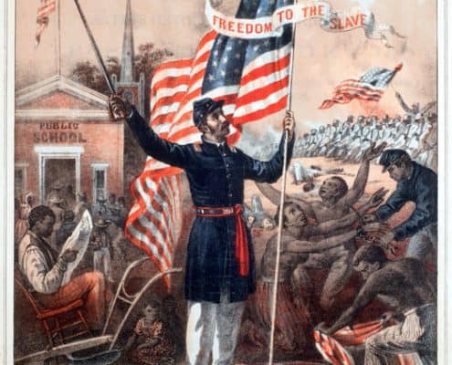Black Union soldier holds flag, framed by scenes of Free Black domestic life, the freeing of enslaved people, and marching troops.