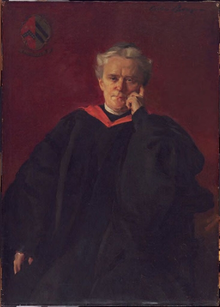 Oil portrait of Agnes Irwin wearing Radcliffe robes