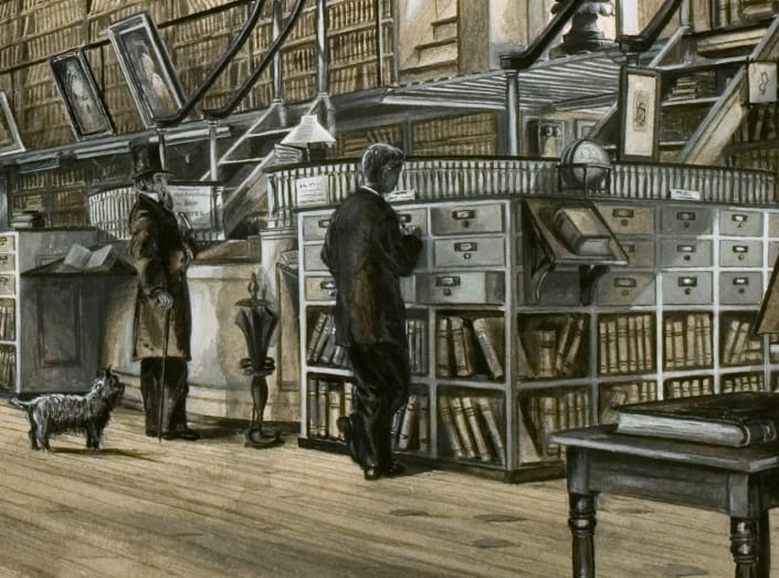 Colin Campbell Cooper Jr., Detail from View of the Interior of Library Hall on Fifth Street (Philadelphia, 1879). Colin Campbell Cooper Jr., Detail from View of the Interior of Library Hall on Fifth Street (Philadelphia, 1879).