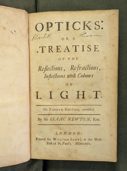 Photograph of title page of Opticks with Elizabeth Hewson inscription