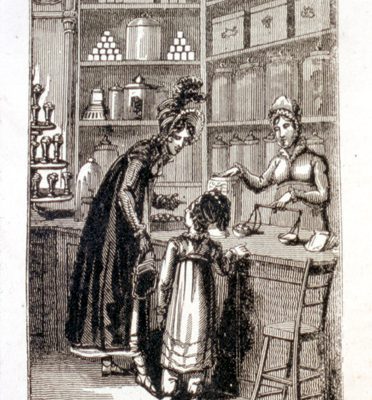 Well-dressed white woman and girl standing in a candy shop, talking in front of a white woman clerk weighing merchandise.
