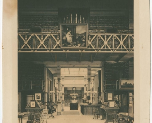 Interior of Library Company of Philadelphia, Locust Street Branch, ca. 1885. Platinum print in Library Company of Philadelphia scrapbook, ca. 1865-ca. 1971.
