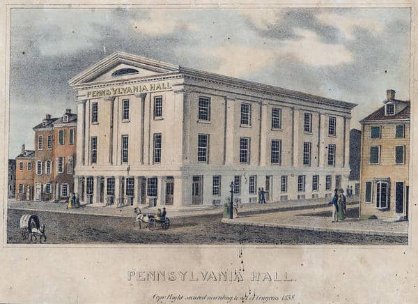 J.C. Wild, Pennsylvania Hall, hand-colored lithograph (Philadelphia, 1838). Library Company digital collections. Before the fire.