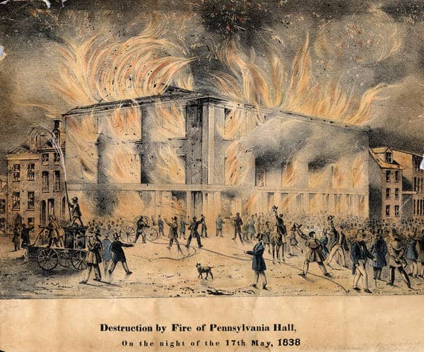 J.C. Wild, Destruction by Fire of Pennsylvania Hall, hand-colored lithograph (Philadelphia, 1838). Library Company digital collections. During the fire, showing the fire companies' refusal to train their hoses on the fire.